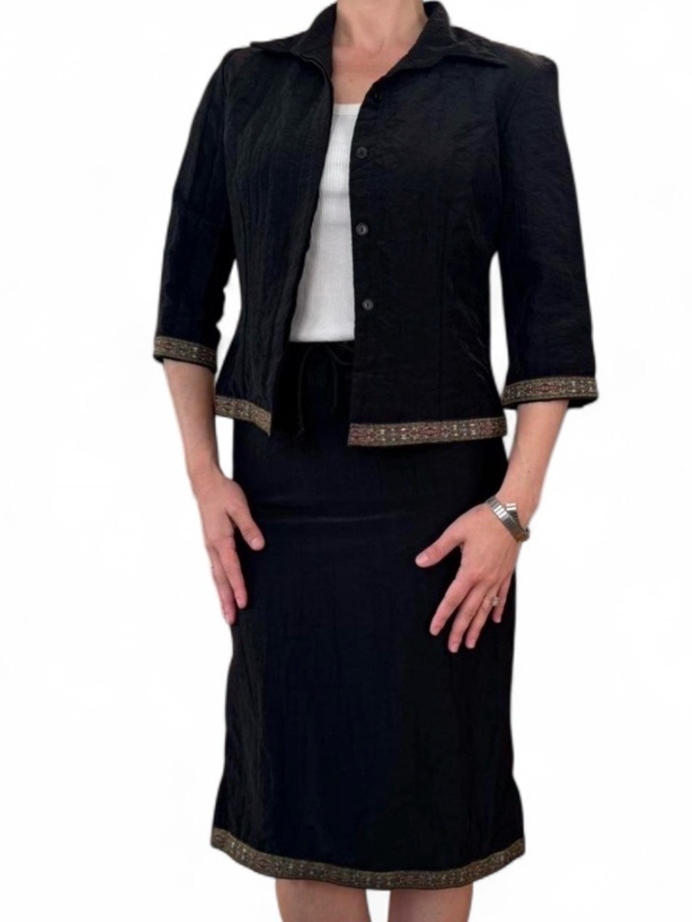 VTG 90s Poema USA Black Gold Embellished Skirt Suit Chic Whimsigoth Glam 80s S